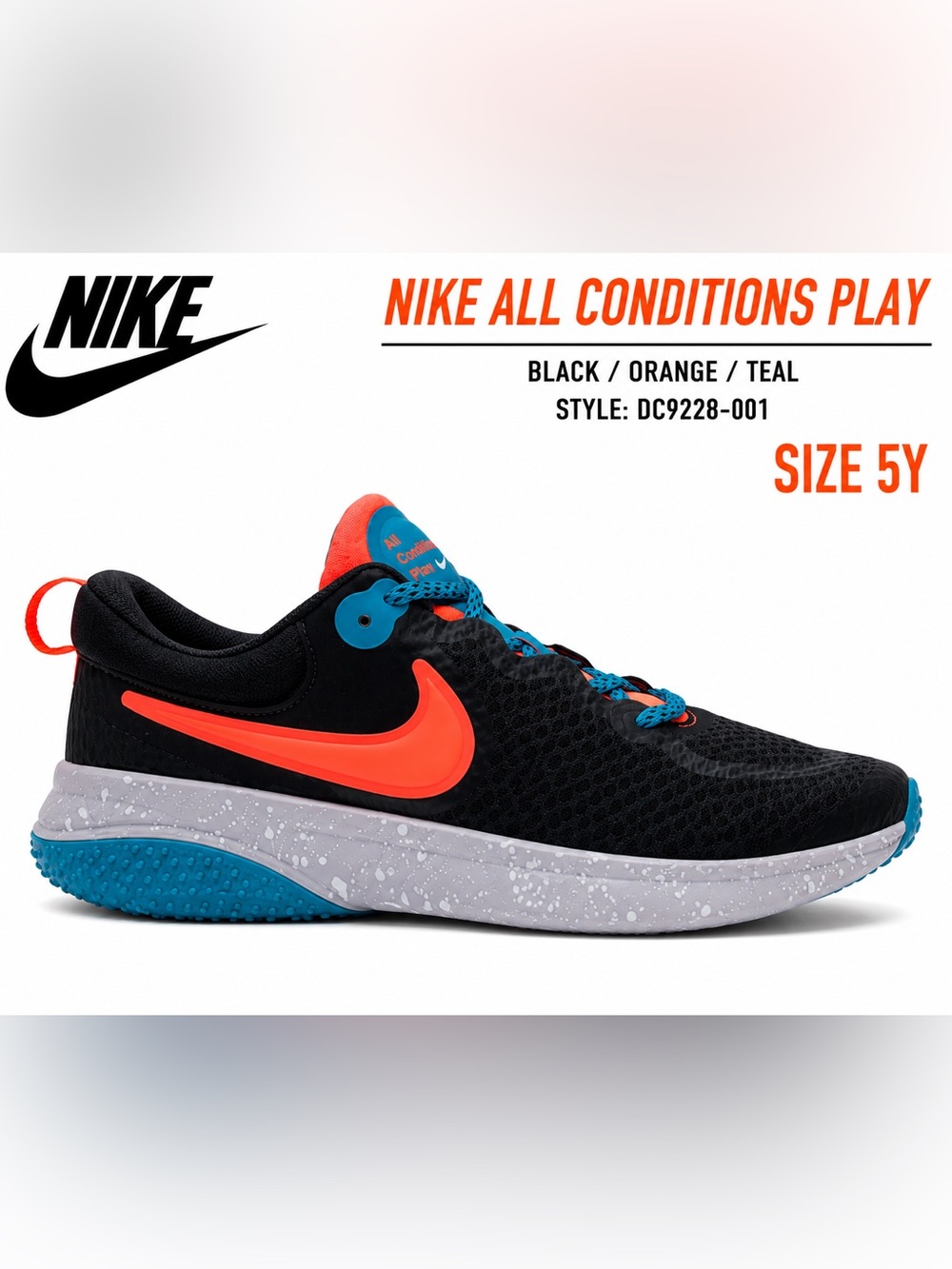 Nike All Conditions Play Running Shoes Black Orange Teal 5Y DC9228-001 NWOB